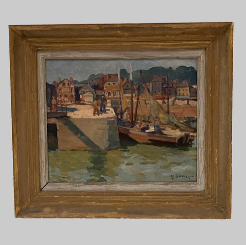 Huile sur isorel vue port - huile, du
