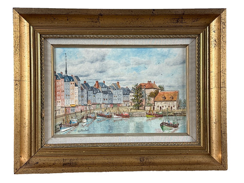 Tableau huile vue port d - vue, d'
